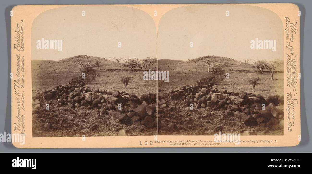 Trench at Colenso from the Second Boer War in South Africa, Boer trenches and crest of Hart's Hill - scene of Irish Brigade's famous charge, Colenso, SA (title on object), trenches, (high) hill South Africa, Underwood and Underwood (mentioned on object), Zuid-Afrika, 1901, photographic paper, cardboard, albumen print, h 88 mm × w 178 mm Stock Photo