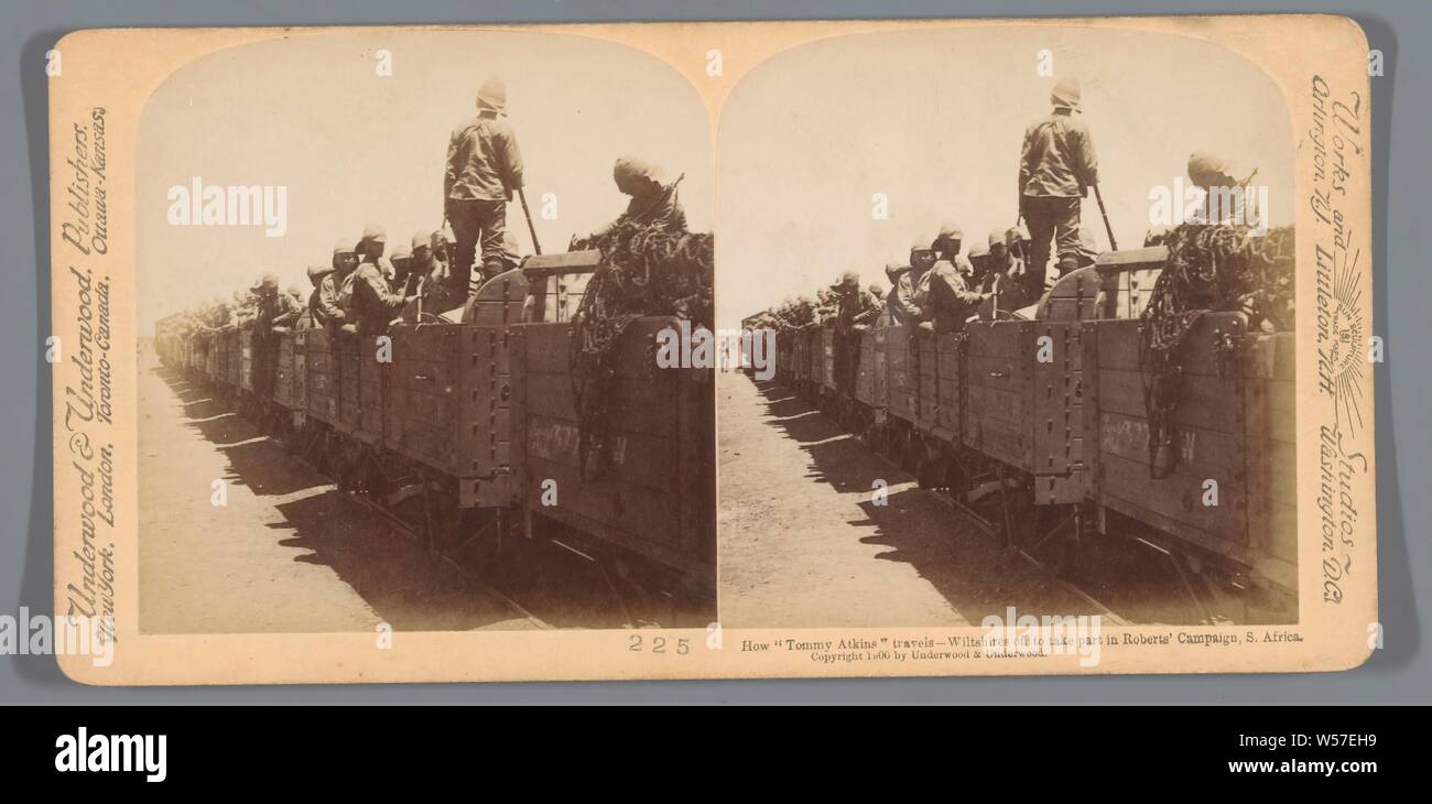 British soldiers in an open train carriage in South Africa, How 'Tommy Atkins' travels - Wiltshires off to take part in Roberts' Campaign, S. Africa (title on object), the soldier, the soldier's life, transport, train (military), South Africa, Underwood and Underwood (mentioned on object), Zuid-Afrika, 1900, photographic paper, cardboard, albumen print, h 88 mm × w 178 mm Stock Photo