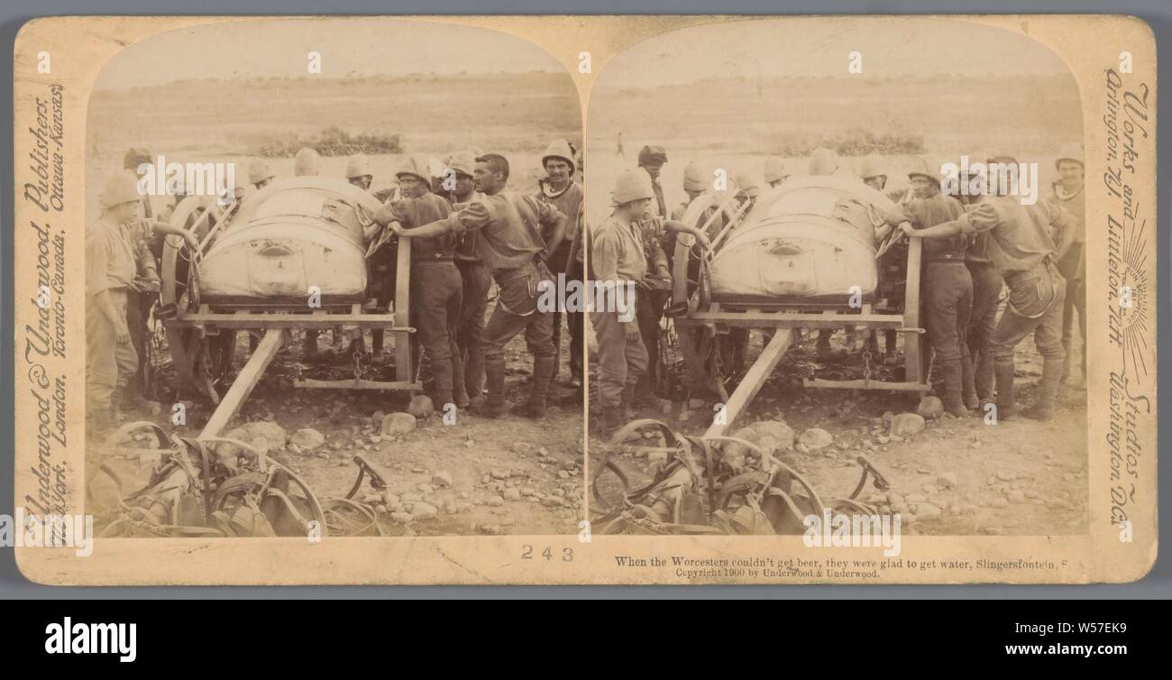 Men of the Worcestershire Regiment at supposedly a cart with water in South Africa, When the Worcesters coudn't get beer, they were smooth to get water, Slingersfontein, S.A. (title on object), the soldier, the soldier's life, South Africa, Underwood and Underwood (mentioned on object), Zuid-Afrika, 1900, photographic paper, cardboard, albumen print, h 88 mm × w 178 mm Stock Photo