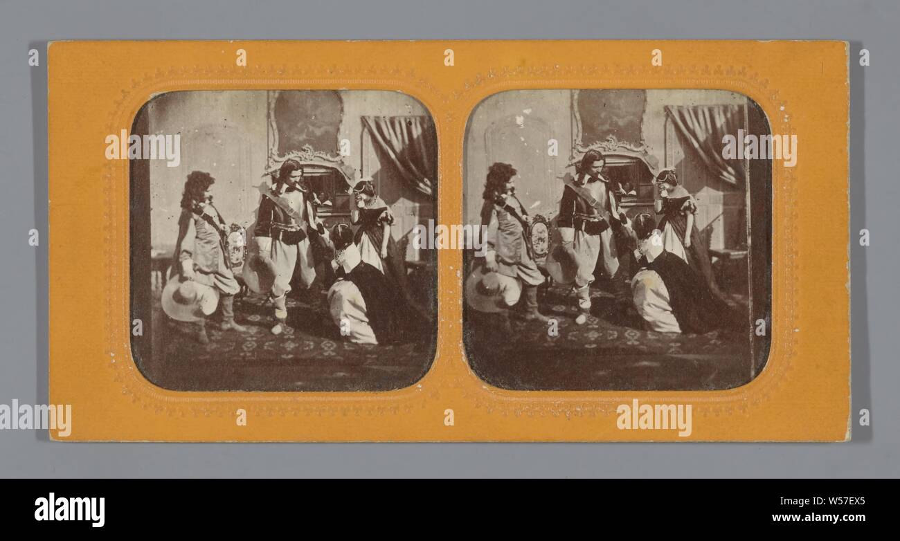 Scene in salon: company in historical clothing, two crying and begging women for noblemen, HJ, 1860 - 1880 Stock Photo