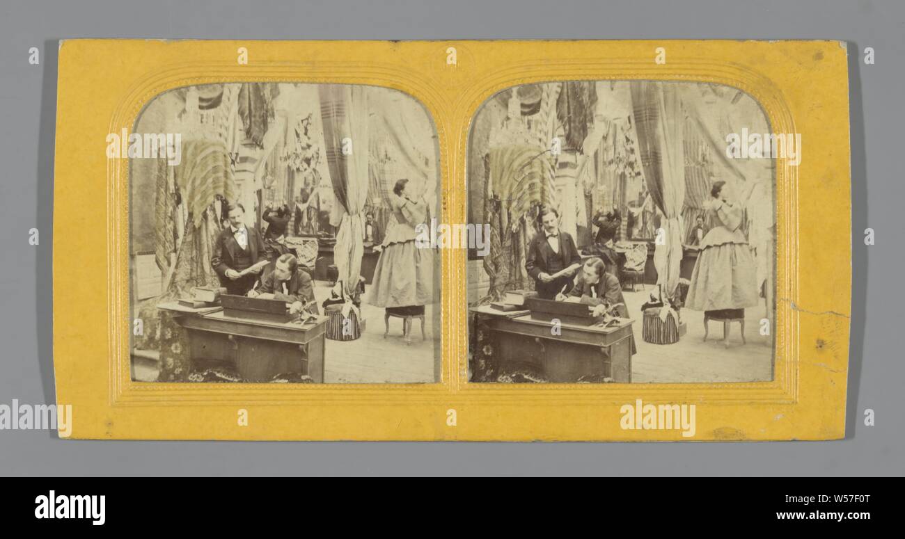Scene in department store: man behind desk, woman hanging rags, Léon ...
