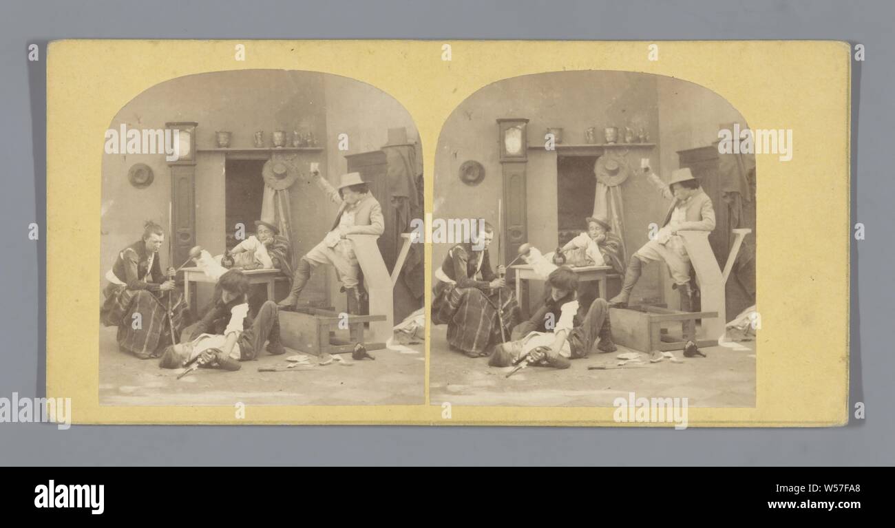 Theatrical performance of two fighting men and three spectators in a pub, inn, coffee house, public house, etc, fighting, Europe, anonymous, c. 1850 - c. 1880, cardboard, photographic paper, albumen print, h 85 mm × w 170 mm Stock Photo
