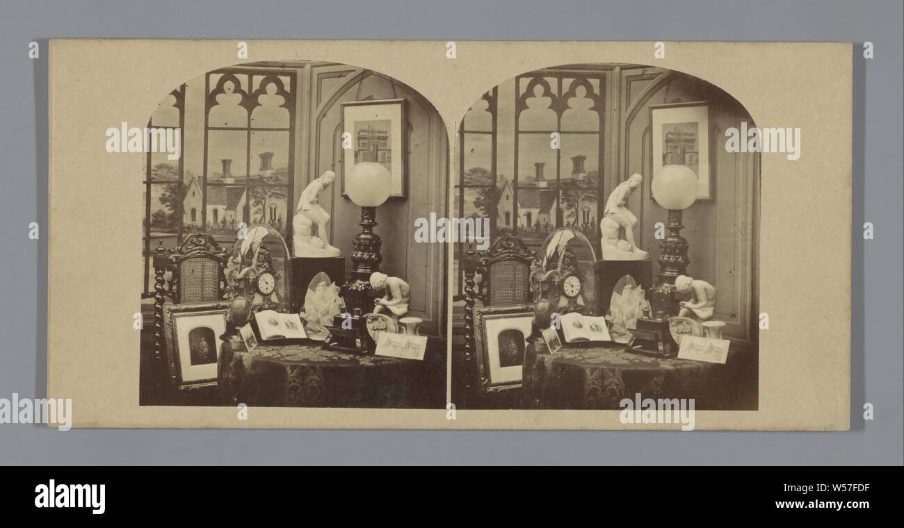 Still life with stereoscope and photos Artistic Group (title on object), stereoscope, photograph, studio requisites, photographer, still life of various objects, anonymous, 1856, photographic paper, cardboard, albumen print, h 84 mm × w 174 mm Stock Photo