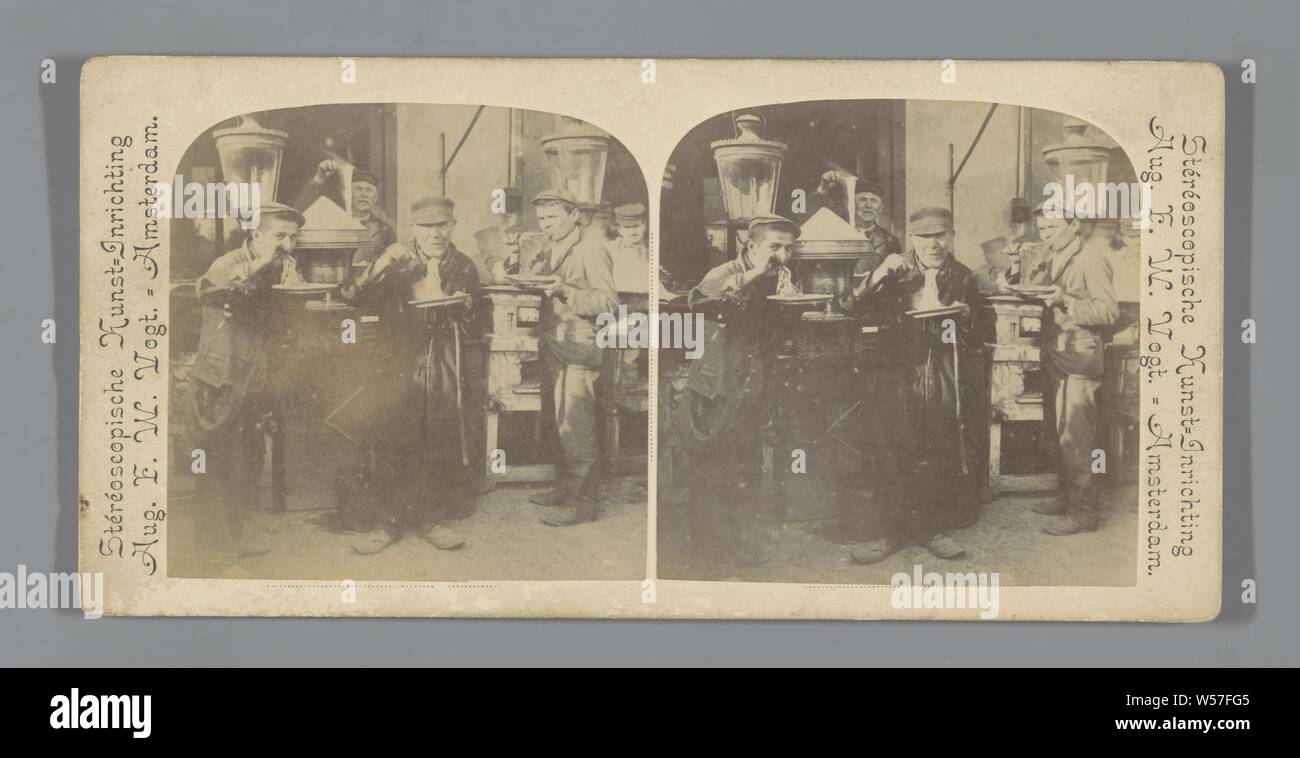 Three men eat spaghetti at stall, noodles, spaghetti, etc, stall, booth (market), lighting, lamps, August Frederik Willem Vogt (mentioned on object), c. 1870 - c. 1910, photographic paper, cardboard, albumen print, h 88 mm × w 178 mm Stock Photo
