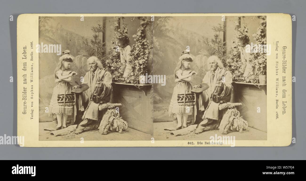 Girl throws coin in hat of musician Die Belohnung (title on object) Genre-Bilder after the Leben (series title on object), musician, folk costume, regional costume, anonymous, Berlin, 1886, photographic paper, cardboard, albumen print, h 86 mm × w 176 mm Stock Photo