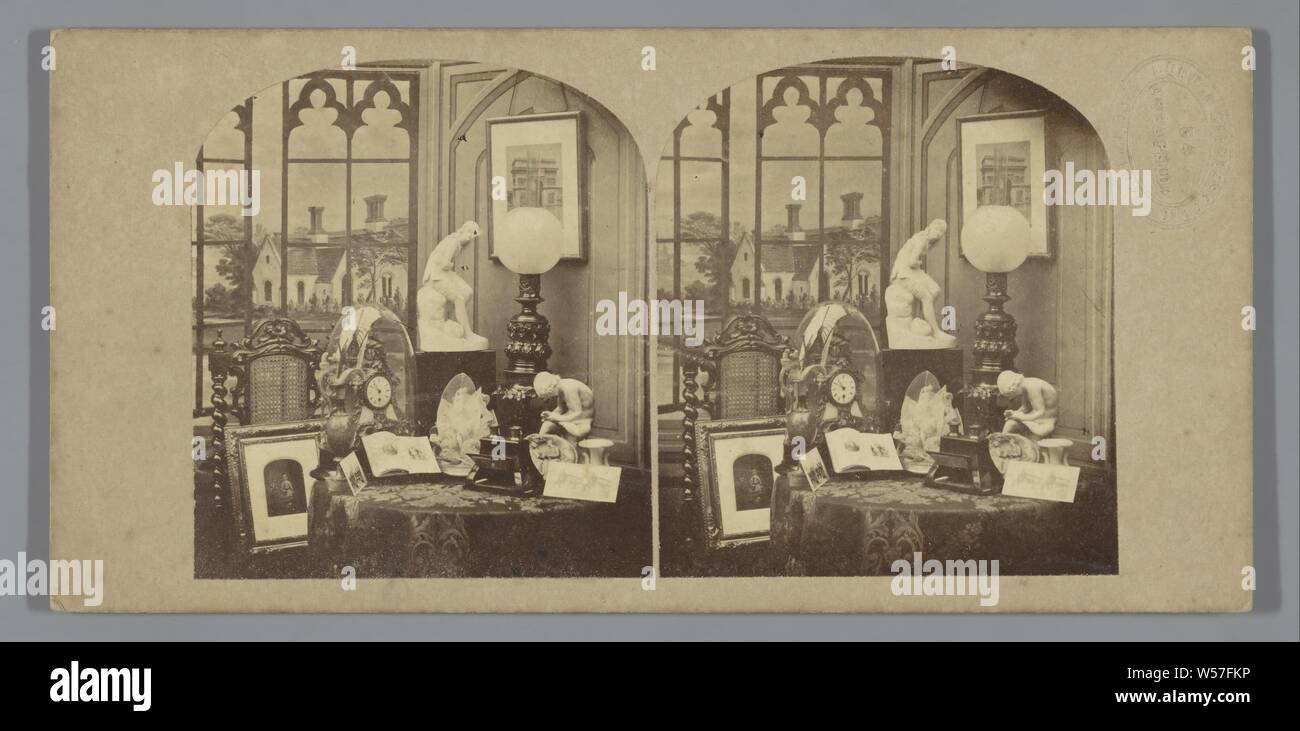 Still life with stereoscope and photos Artistic Group (title on object), still life of various objects, studio requisites, photographer, photograph, stereoscope, anonymous, 1856, photographic paper, cardboard, albumen print, h 84 mm × w 174 mm Stock Photo