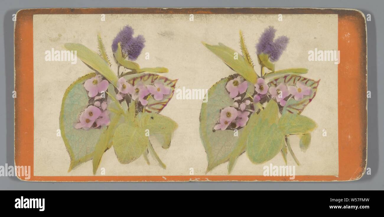 Still life with leaves and flowers, cut flowers, nosegay, bunch of flowers, anonymous, c. 1855 - c. 1870, photographic paper, cardboard, albumen print, h 86 mm × w 176 mm Stock Photo