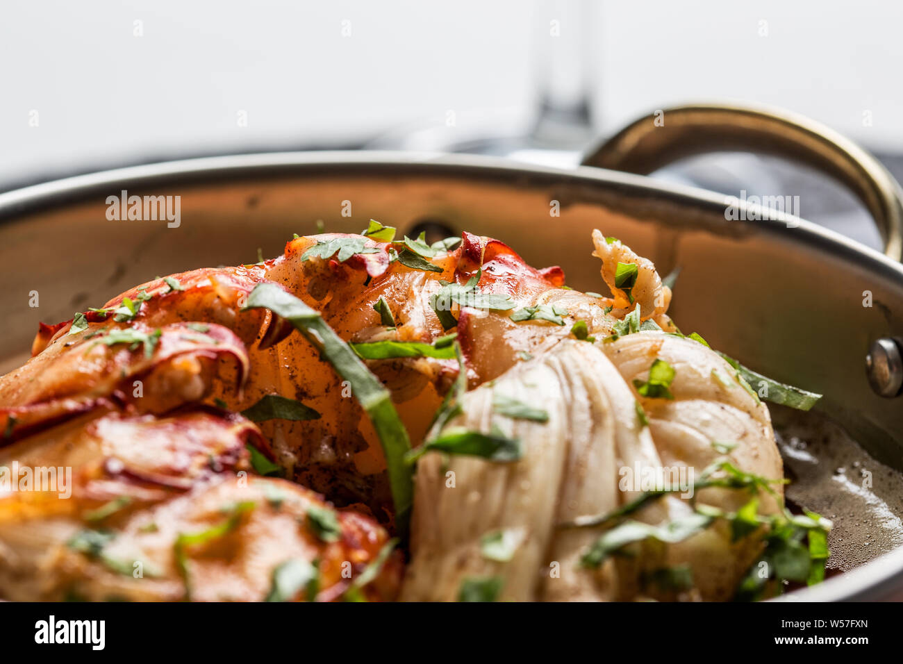 Beautiful giant lobster tenderloin with sauce and coriander Stock Photo