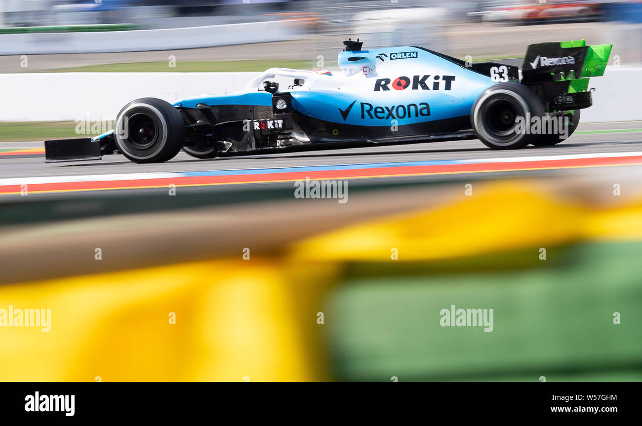 Hockenheim, Germany. 26th July, 2019. Motorsport: Formula 1 World Championship, Grand Prix of Germany. George Russell from Great Britain of Team Rokit Williams Racing drives in the second free practice. Credit: Sebastian Gollnow/dpa/Alamy Live News Stock Photo