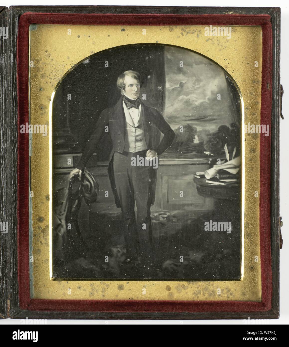 Photo reproduction of a painted portrait of an unknown man, adult man, painting, drawing and the graphic arts, anonymous, 1840 - 1860, copper (metal), glass, leather, velvet (fabric weave), h 70 mm × w 56 mm h 93 mm × w 79 mm × t 12 mm Stock Photo