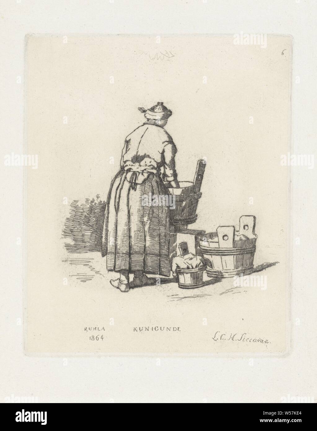 Laundress Kunigunde (title on object), A woman does laundry in a large tub. A second tub stands on the floor next to her. In addition, a smaller tub with laundry, wash house, home laundry, laundry room, Louis Charles Hora Siccama (mentioned on object), Utrecht, 1864, paper, etching, h 146 mm × w 120 mm Stock Photo