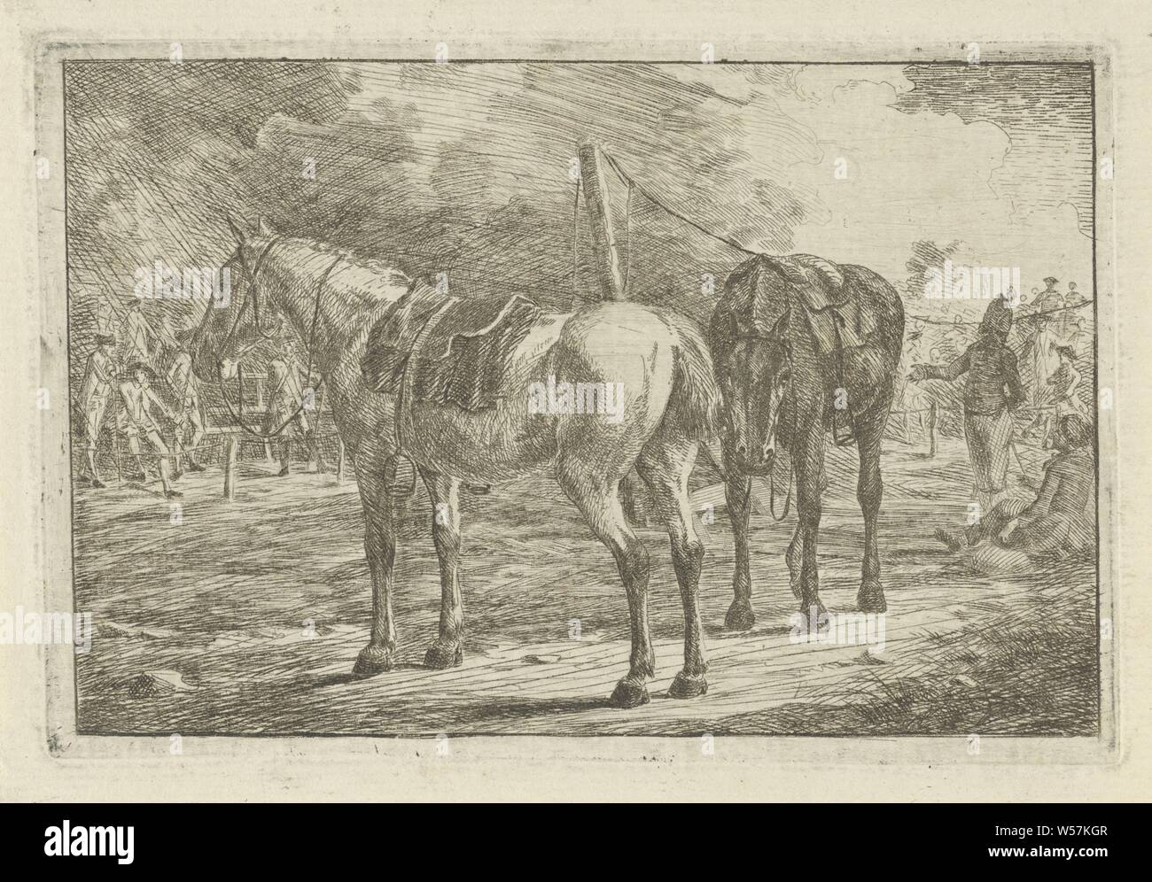 Two saddled horses near an army camp, An army camp where two saddled horses stand in the foreground. On the right, a grenadier has a conversation with a soldier seated on the ground, (military) camp with tents (variant), horse, Dirk Langendijk, 1758 - 1805, paper, etching, h 95 mm × w 143 mm Stock Photo