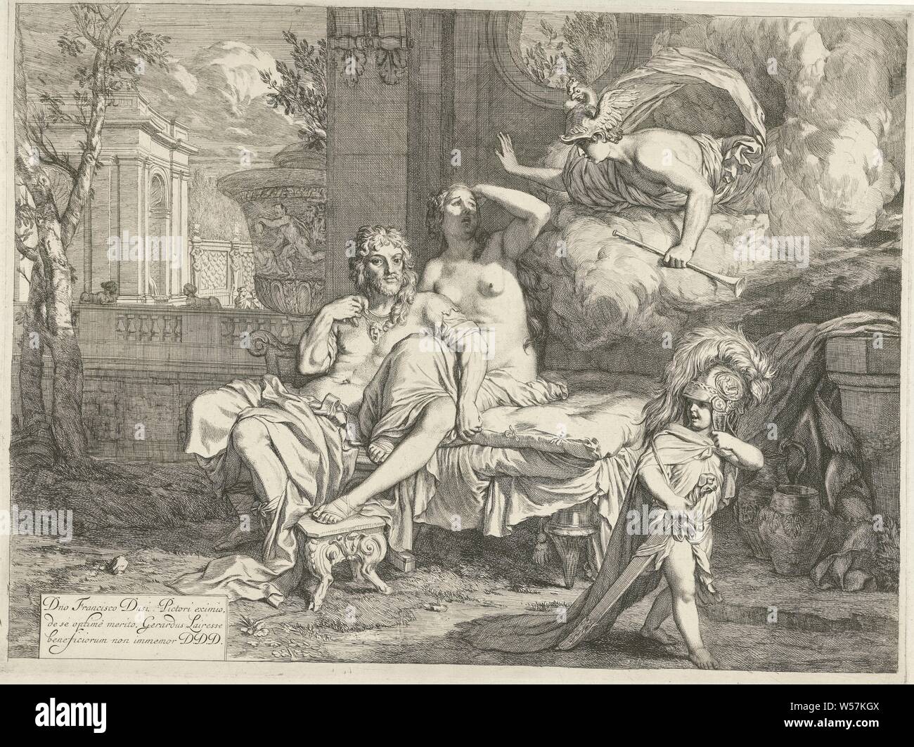 Mercury orders Calypso to let Odysseus leave, Mercury has appeared in a cloud and orders Calypso to let Odysseus leave. In the right foreground Amor poses with the helmet and sword of Odysseus, Mercury orders Calypso to release Ulysses (Homer, Odyssey V), Gerard de Lairesse, 1670, paper, etching, h 259 mm × w 483 mm Stock Photo