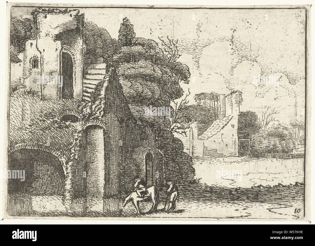 Drinking horse at ruins Small landscapes (series title), landscape with ruins, horse, Jan van de Velde (II), 1603 - 1641, paper, etching, h 71 mm × w 100 mm Stock Photo