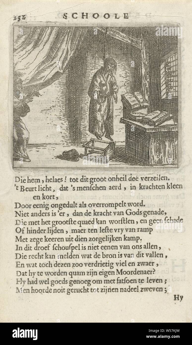 Hungarian in a study room CXVII. Van zeekeren Student, who had killed himself (title on object), A man hung himself in a room with a reading table with books. A figure comes in on the left and is startled. Pent from a book in which 36 prints with phrases. Print used in: F. van Hoogstraten, The school of the world, 1682, seeking death, suicide, Arnold Houbraken, Northern Netherlands, paper, letterpress printing, h 73 mm × w 85 mm h 159 mm × w 96 mm Stock Photo