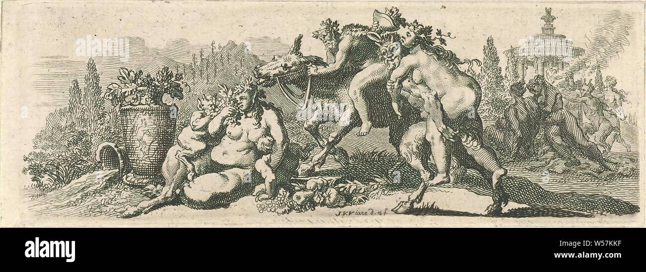 Satyrs and bacchants, Jan van Vianen (mentioned on object), Amsterdam, 1701, paper, engraving, h 44 mm × w 124 mm Stock Photo