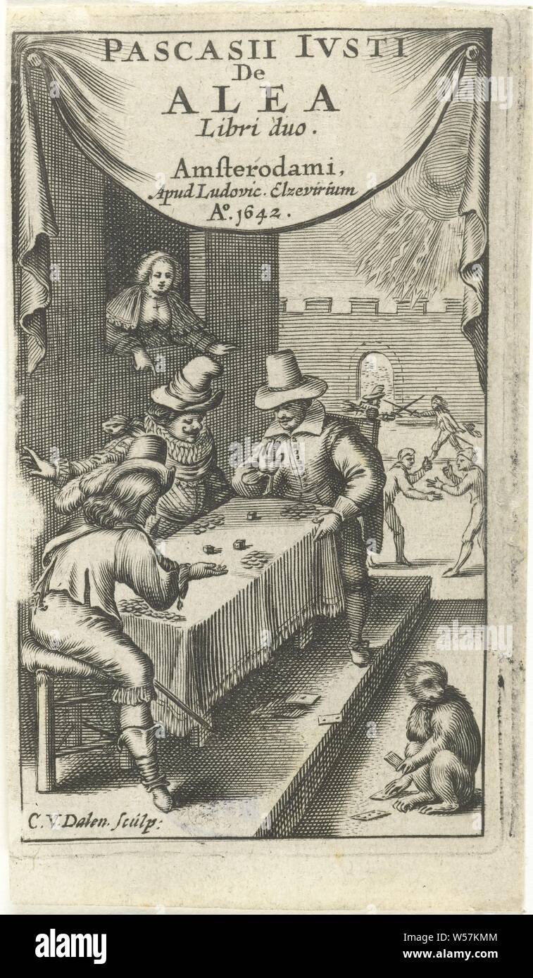 Men play dice game, on the floor is monkey with playing cards Title page for: The alea libri duo, Amsterdam 1642 The alea libri duo (title on object), Cornelis van Dalen (I) (mentioned on object), Amsterdam, 1642, paper, engraving, h 99 mm × w 57 mm Stock Photo