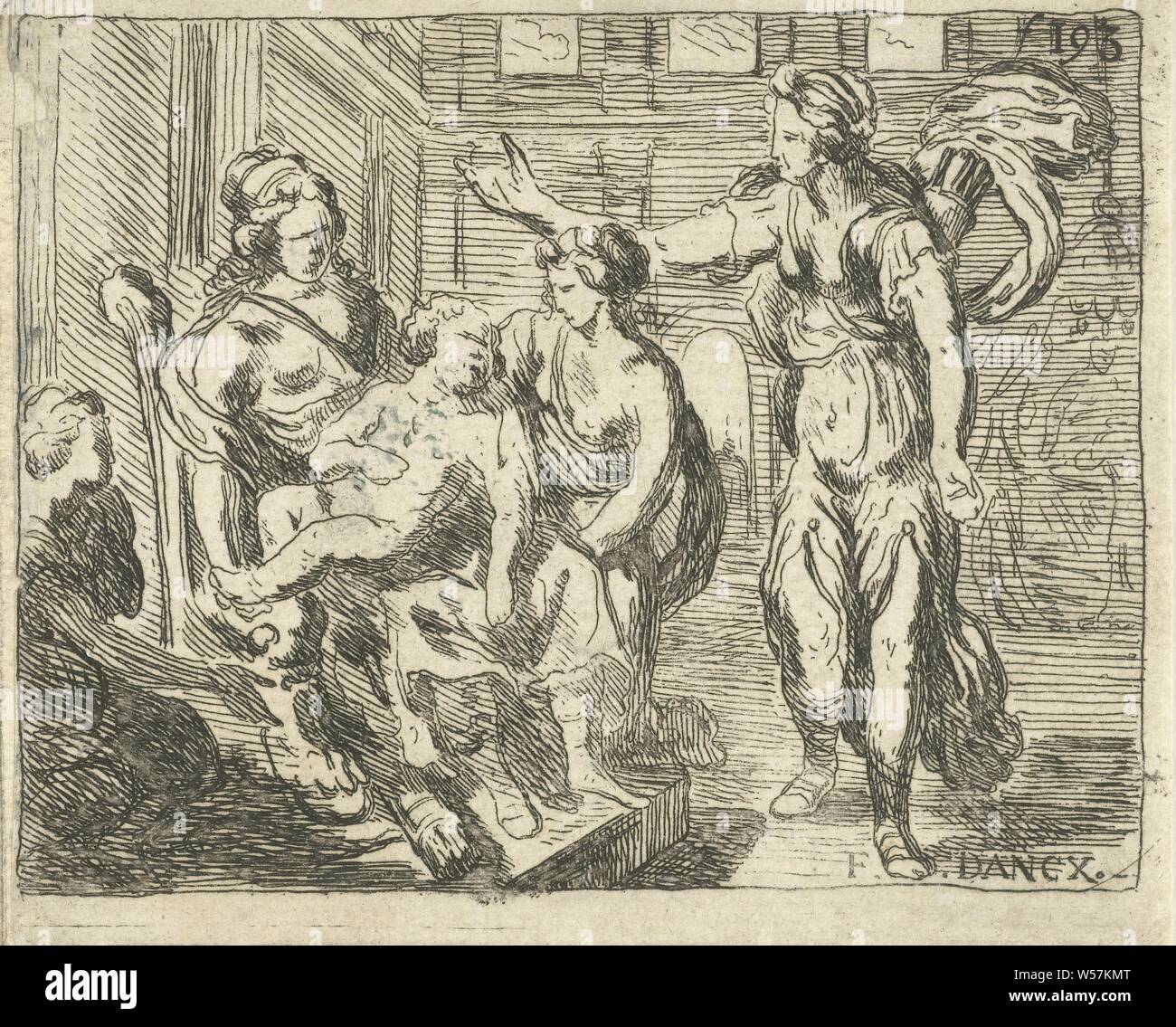 Birth of Hercules, birth of Hercules and his twin brother Iphicles, Juno delays the birth by sitting outside Alcmene's with with crossed knees and fingers, Francoys Dancx (mentioned on object), 1646 - 1703, paper, etching, h 69 mm × w 84 mm Stock Photo