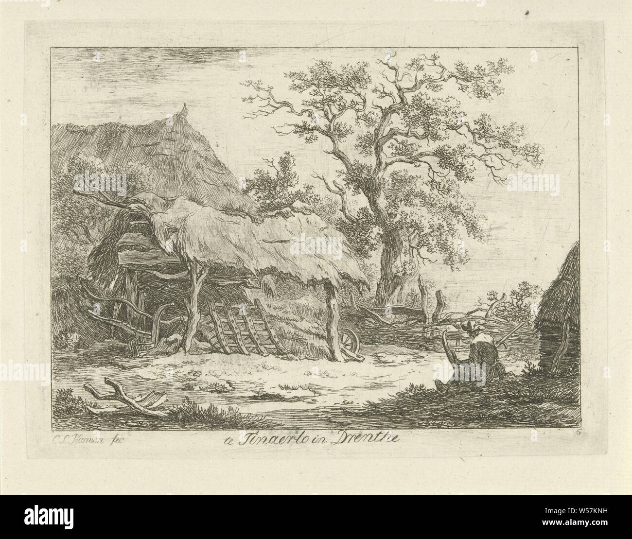 Sitting figure at a barn in Tinaerlo in Drenthe (title on object) Landscapes (1-6) (series title), barn, farm or solitary house in landscape with figures, staffage), agricultural implements: harrow, Tynaarlo, Carel Lodewijk Hansen (mentioned on object), Netherlands, c. 1780 - 1840, paper, etching, h 142 mm × w 188 mm Stock Photo