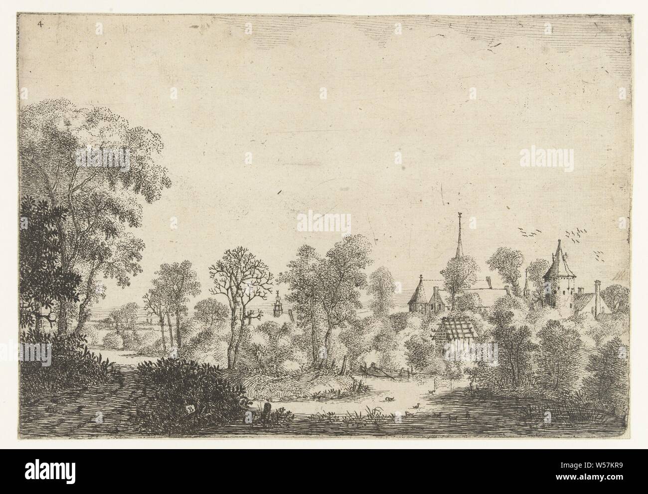 Landscape with view of village and man in boat Landscapes (series title), Jan van Brosterhuyzen (mentioned on object), Netherlands, 1610 - 1650, paper, etching, h 162 mm × w 234 mm Stock Photo