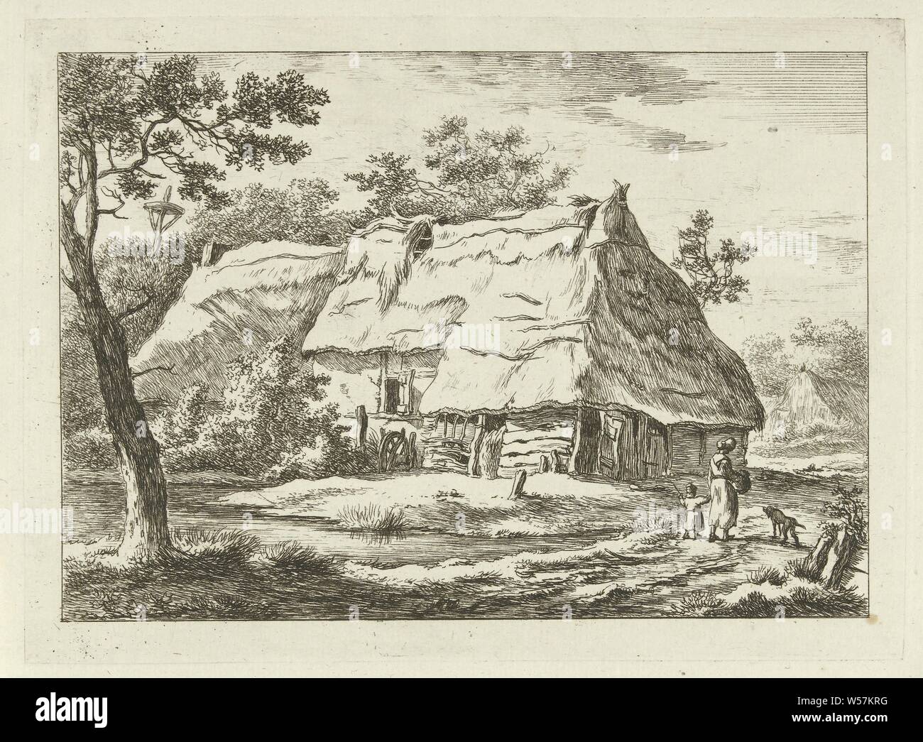 Woman with child at a farm Landscapes (1-6) (series title), farm or solitary house in landscape (townscape with figures, staffage), dog, Eext, Carel Lodewijk Hansen, Netherlands, c. 1780 - 1840, paper, etching, h 140 mm × w 191 mm Stock Photo