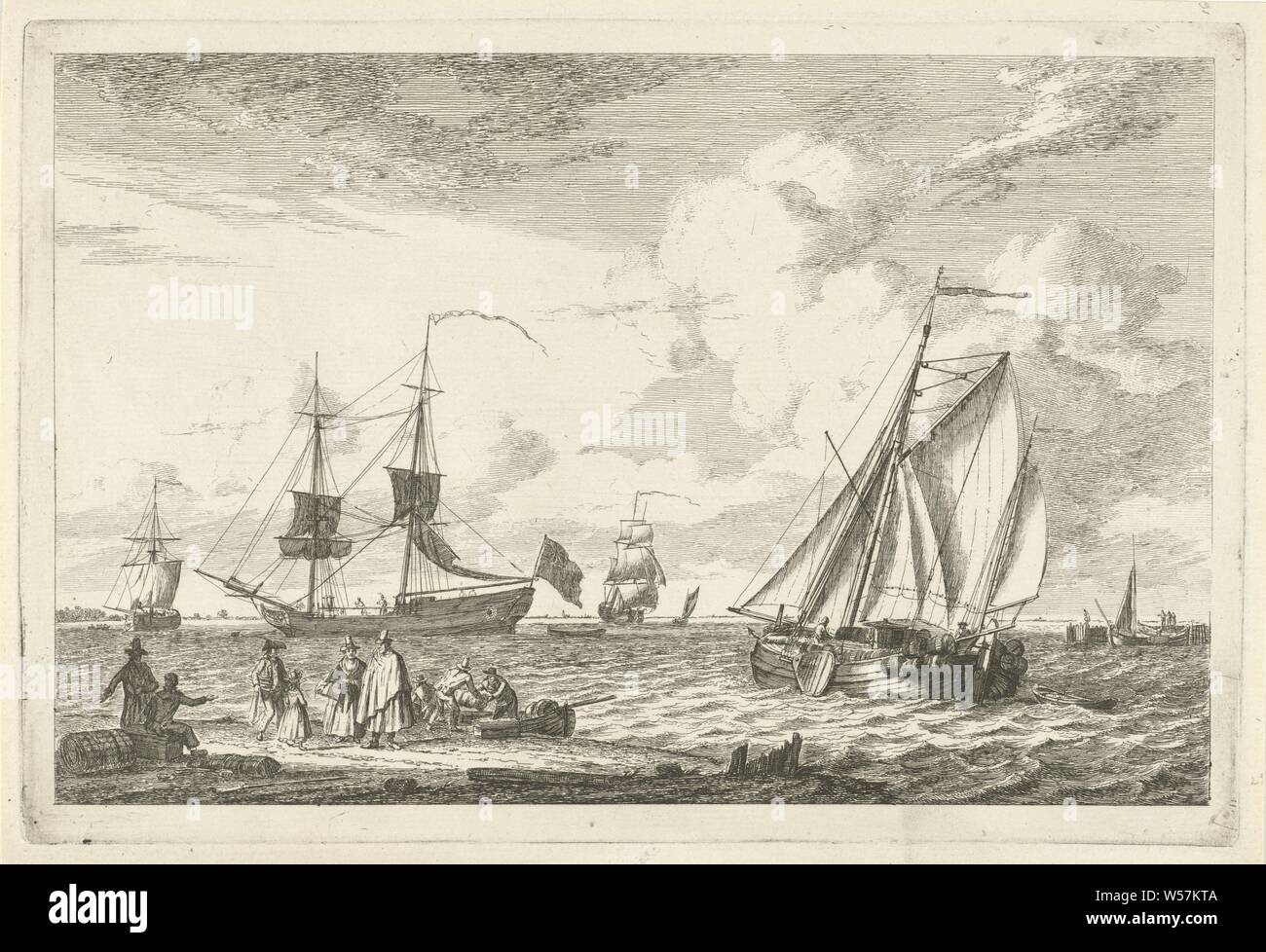River view Several boats on the waves (series title), On the river you can see a barge loaded with tons. To the left is a two-master with an English flag. In the foreground on the left are a few people, including a man with a long cloak and a woman whose luggage is brought ashore from a boat. This print is part of a series of five prints with different sailing ships, ships (in general), Gerrit Groenewegen, 1793, paper, etching, h 183 mm × w 271 mm Stock Photo