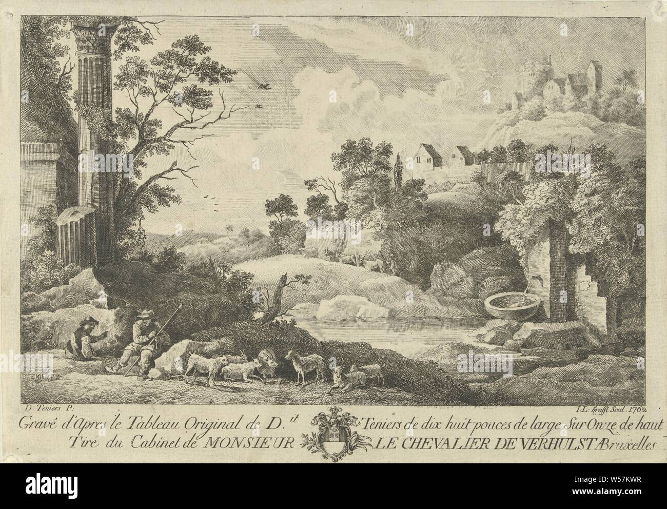 View of a landscape with shepherds, a hilly landscape with a ruin and a fountain. In the left foreground are two shepherds with their goats. In the background a shepherd drives his cattle over a hill. Below the image two lines of text and a family crest, herding, herdsman, herdswoman, shepherd, shepherdess, cowherd, etc, low hill country, goat, cow, Jan Lauwryn Krafft (I) (mentioned on object), Southern Netherlands, 1762, paper, etching, h 199 mm × w 288 mm Stock Photo