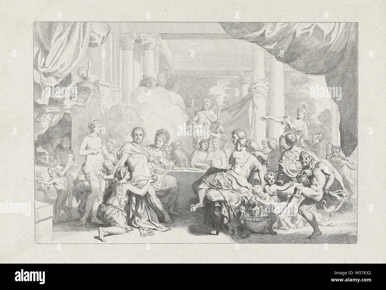 Wedding of Peleus and Thetis, At the wedding of Peleus and Thetis, most of the guests sit at the large table and others frolic around a bit. While Momus is dancing, Mercury Jupiter, who is sitting next to Juno, offers an apple. In the background you can see a cloud with the two peacocks of Juno, (story of) Mercury (Hermes), wedding feast, wedding meal, attributes of Juno, Johann Wilhelm Kaiser (I), 1823 - 1900, paper, etching, h 186 mm × w 265 mm Stock Photo