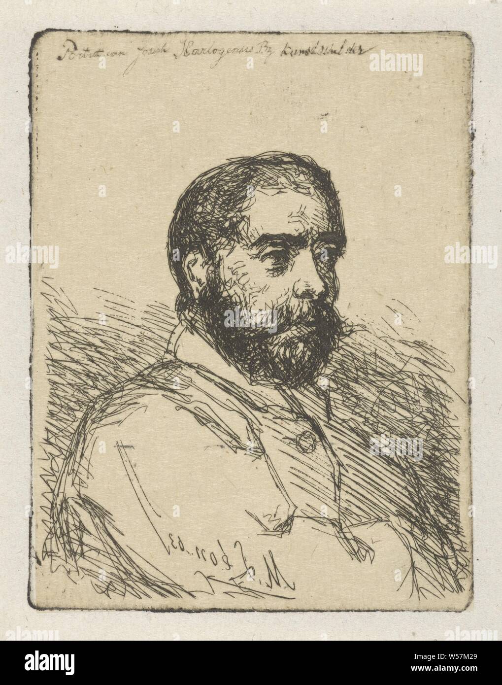 Portrait of Joseph Hartogensis Portrait of Joseph Hartogensis by painter (title on object), Portrait bust to the right of the artist Joseph Hartogensis, bareheaded and bearded, Joseph Hartogensis, Maurits Leon (mentioned on object), 1863, paper, etching, h 82 mm × w 63 mm Stock Photo