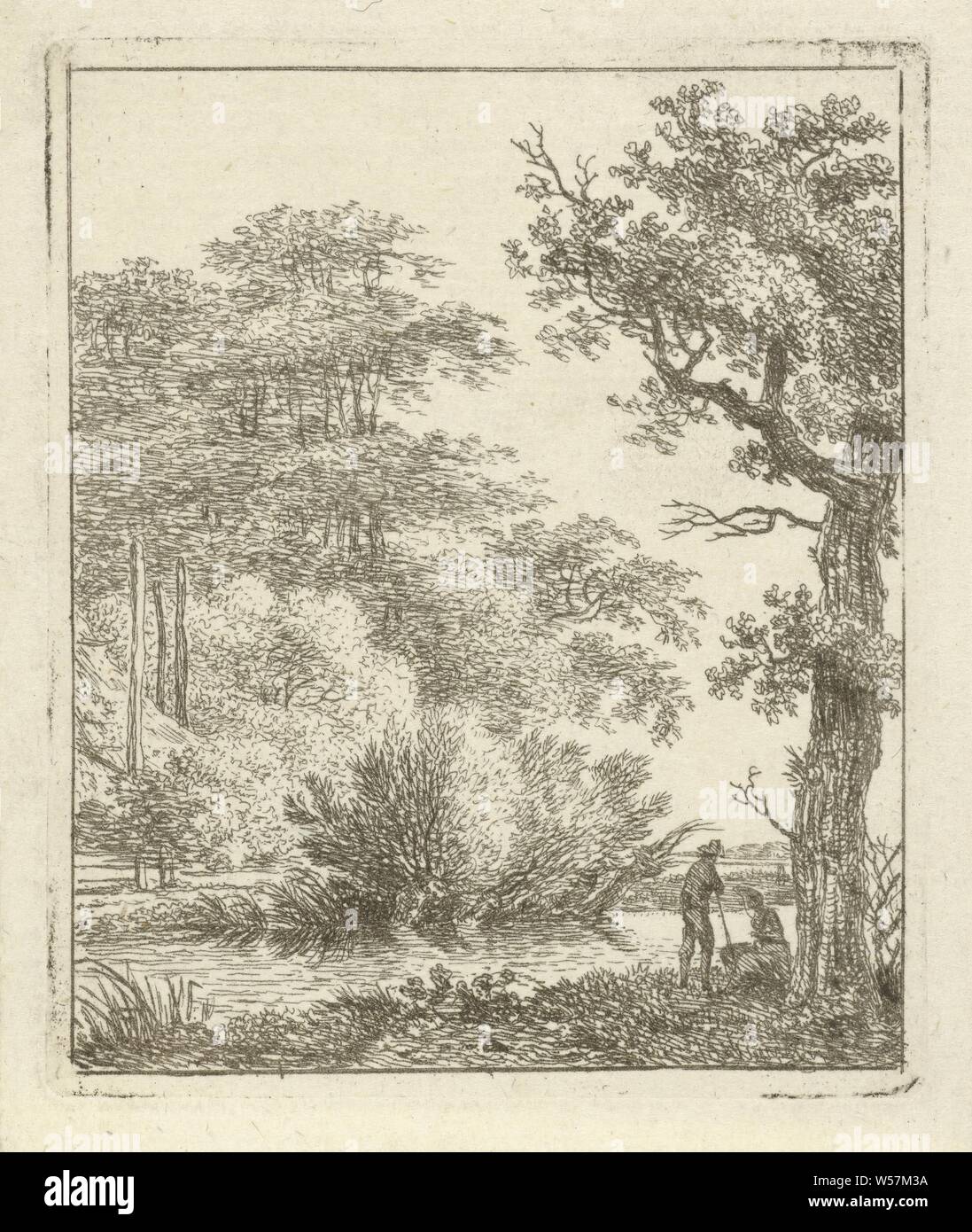 Two Persons At A Stream Landscape With Tall Trees And On The Bank