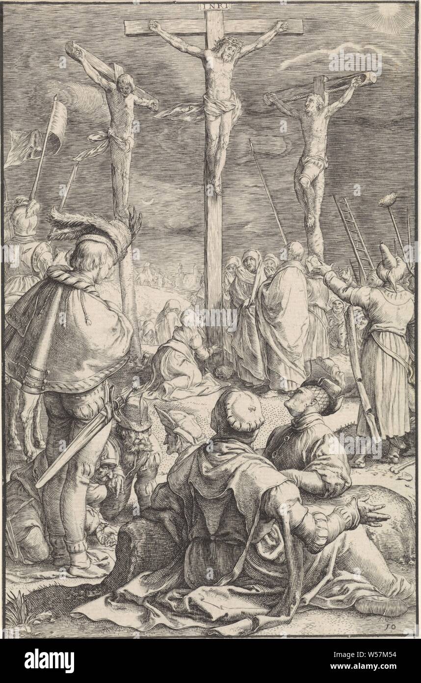 Crucifixion De Passie (series title), Christ on the cross between the two other crucifixions. At the foot of the cross among others the three Marys and Longinus with his lance. In the foreground the soldiers who dice for his clothes, the crucifixion of Christ: Christ's death on the cross, Calvary (Matthew 27: 45-58, Mark 15: 33-45, Luke 23: 44-52, John 19: 25-38), Ludovicus Siceram, Antwerp, 1623, paper, engraving, h 194 mm × w 127 mm Stock Photo