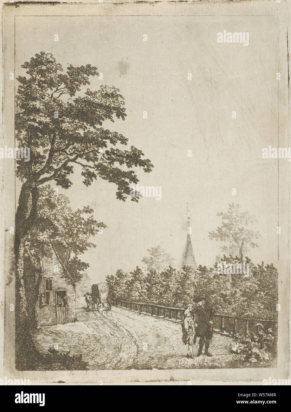 Country road, Country road with walking figures and a farmstead, where a woman leans over the bottom door. In the background a wagon with two horses and on the right a church tower protrudes above the trees, road, path, four-wheeled vehicle drawn by two animals, parts of church exterior and annexes, Johan Antonie Kaldenbach, 1770 - 1786, paper, etching, h 174 mm × w 130 mm Stock Photo