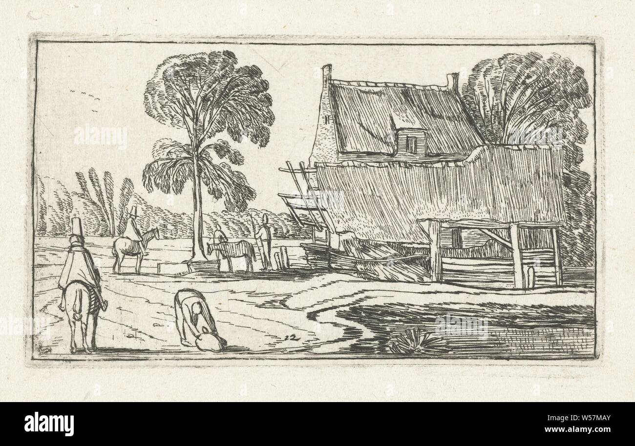 Rider on a path past a farm Landscapes to Esaias van de Velde (series title), farm or solitary house in landscape, Esaias van de Velde, Haarlem, 1610 - 1617, paper, etching, h 58 mm × w 97 mm Stock Photo