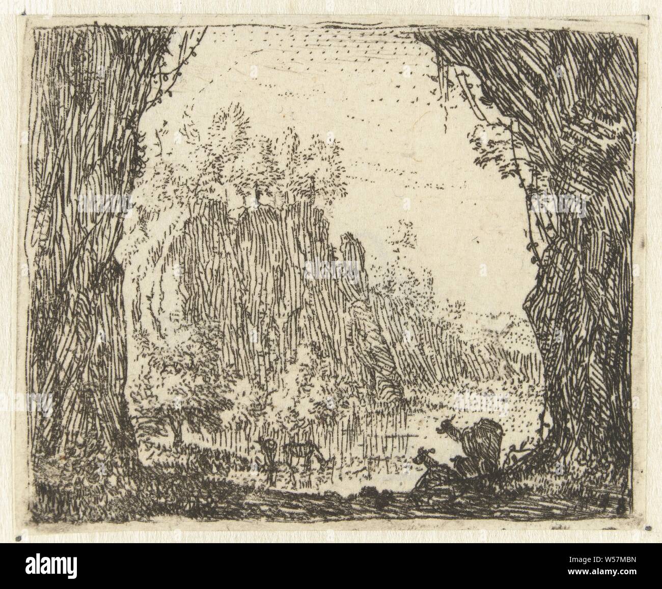 Italianising landscape with goats by a river Small landscapes (series title), river bank, Karel du Jardin, Netherlands, 1652 - 1659, paper, etching, h 47 mm × w 57 mm Stock Photo