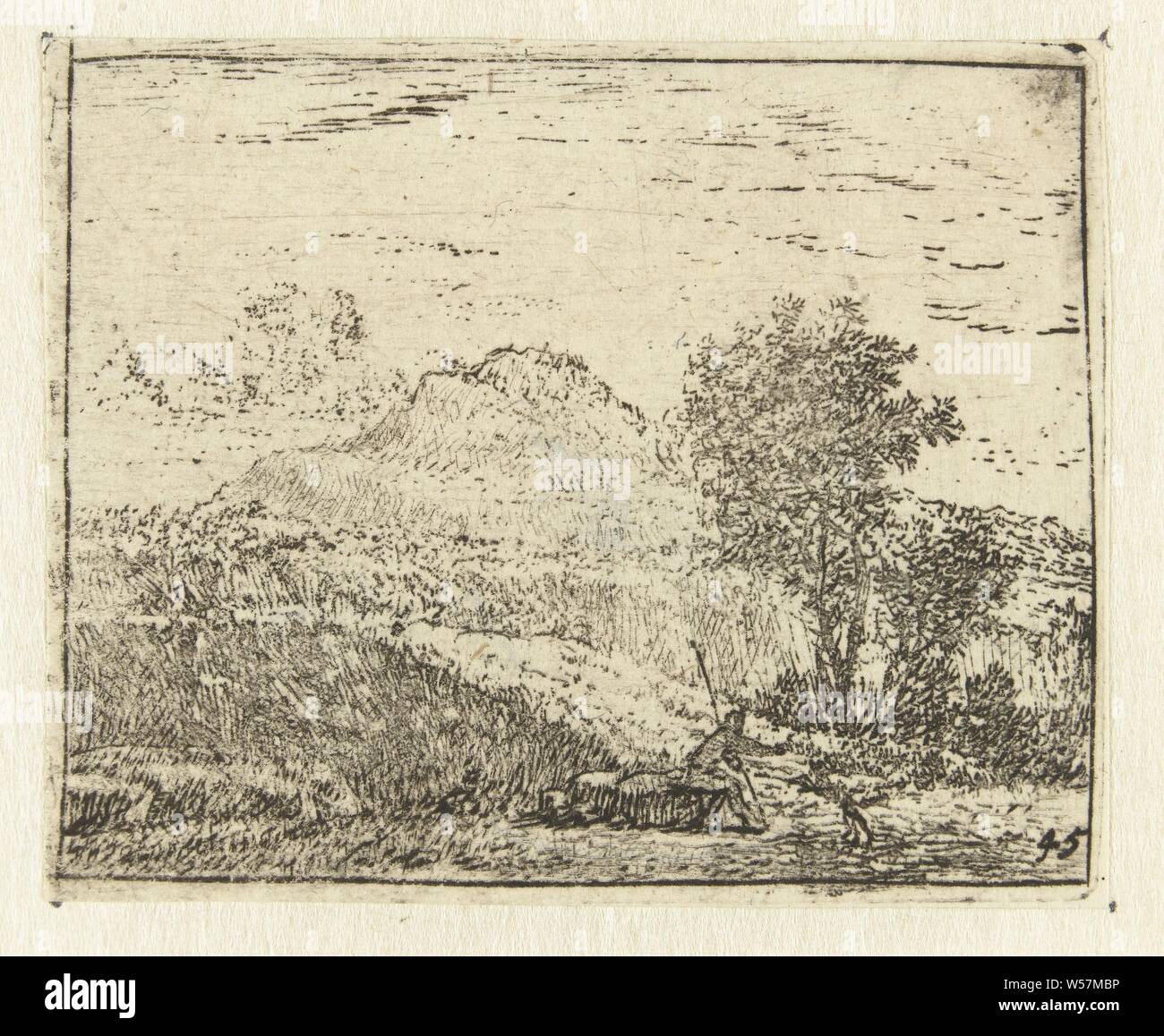 Italian landscape with shepherd and dog Small landscapes (series title), (high) hill, Karel du Jardin, Netherlands, 1652 - 1659, paper, etching, h 47 mm × w 58 mm Stock Photo