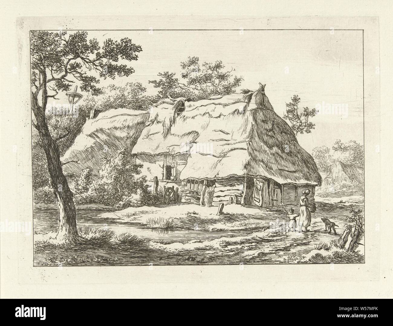 Woman with child at a farm Landscapes (1-6) (series title), farm or solitary house in landscape (city (landscape) with figures, staffage), dog, Eext, Carel Lodewijk Hansen, Netherlands, c. 1780 - 1840, paper, etching, h 140 mm × w 191 mm Stock Photo