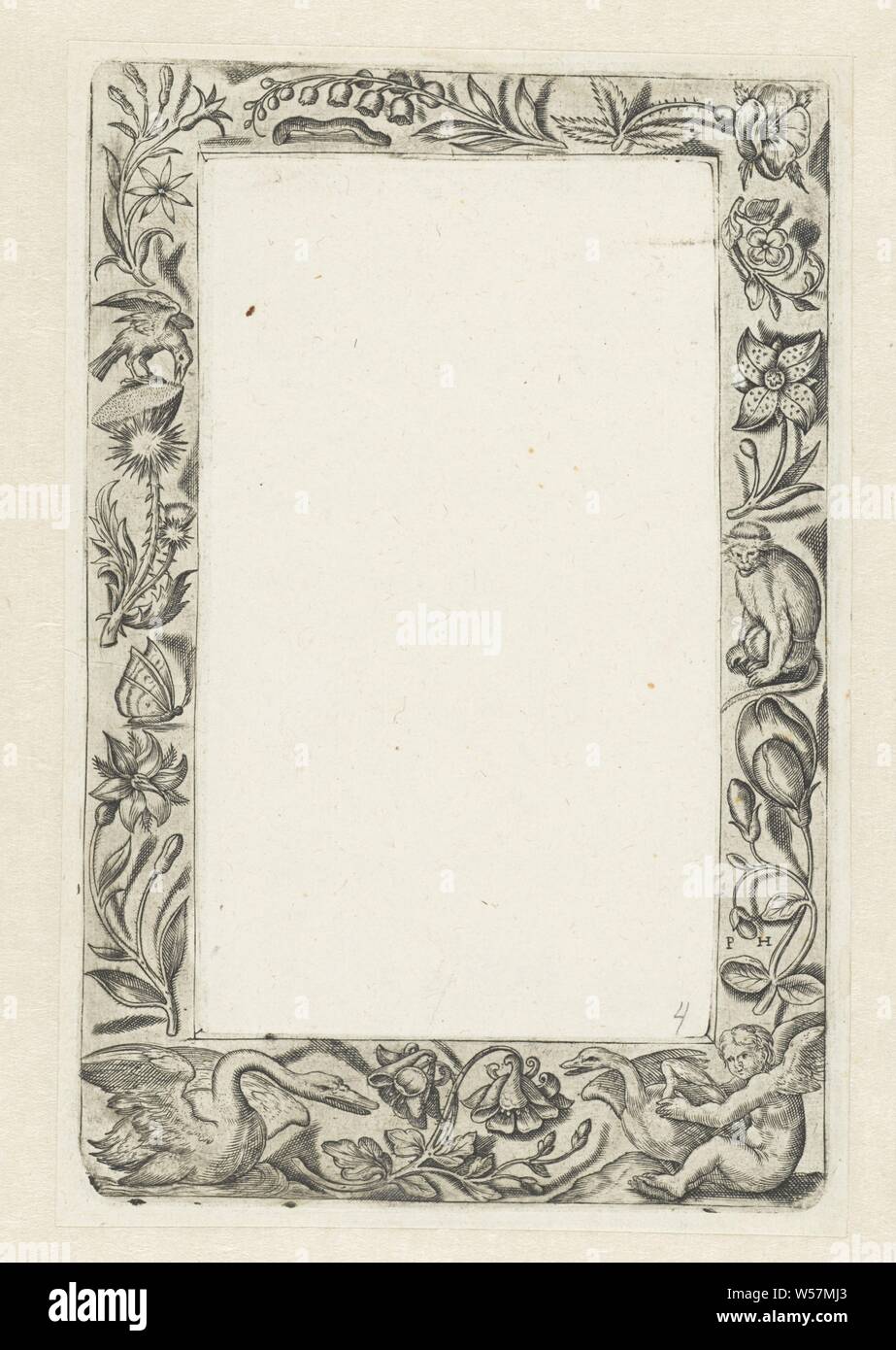 Frame with a columbine in the bottom center, Frames with flowers, fruits, birds, insects and putti (series title), Pieter Huys (mentioned on object), Netherlands (possibly), 1545 - before 1550, paper, etching, h 170 mm × w 112 mm Stock Photo