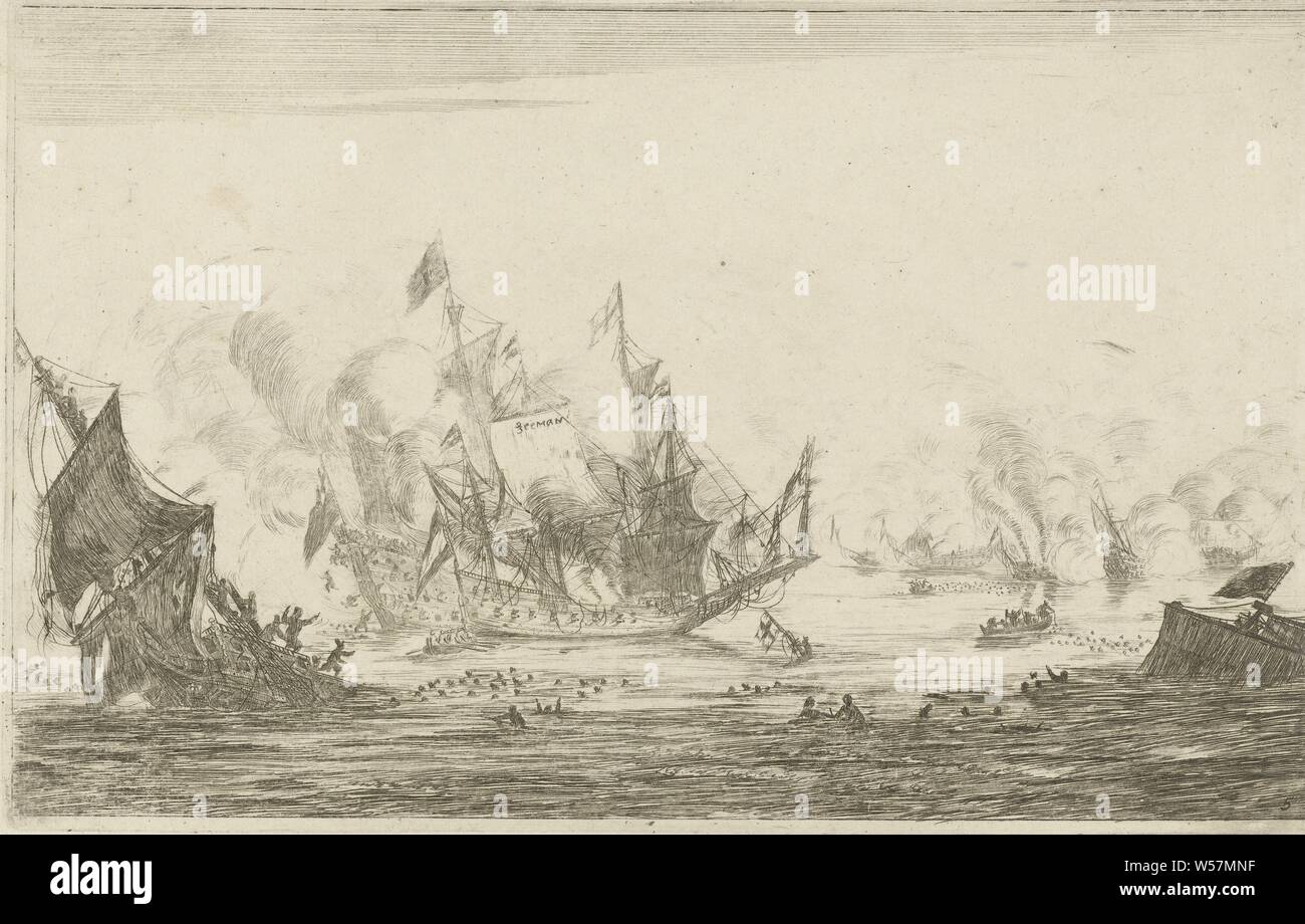 Sea battle with a sinking ship New Ship Battalion (series title), Sea battle with a number of sinking and burning ships and many people in the water., Battle, fighting in general (naval force), warfare, military affairs (sailing ships), Reinier Nooms (mentioned on object), Netherlands, 1652 - 1726, paper, drypoint, h 164 mm × w 256 mm Stock Photo