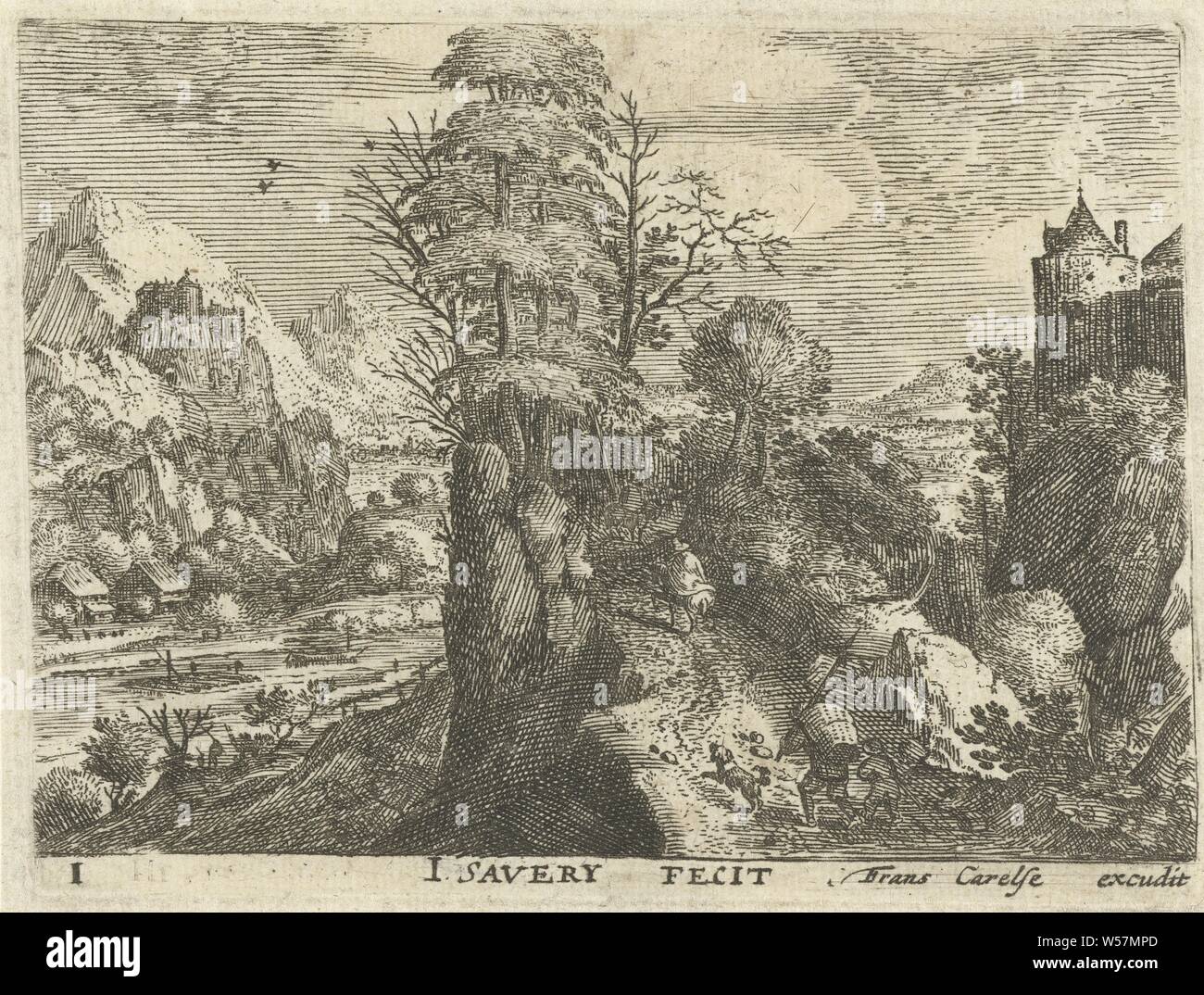 Landscape with travelers on steep rock Six landscapes with travelers (series title), In a mountainous landscape two travelers (a man with a basket on his back and a man walking boy) on a steep path with a dog, following two riders. On the left a river, on the right the tower of a castle. This print is part of a series of six landscapes with travelers., Jacob Savery (I) (mentioned on object),  1584 - 1603 and/or after 1639, paper, engraving, h 93 mm × w 122 mm Stock Photo