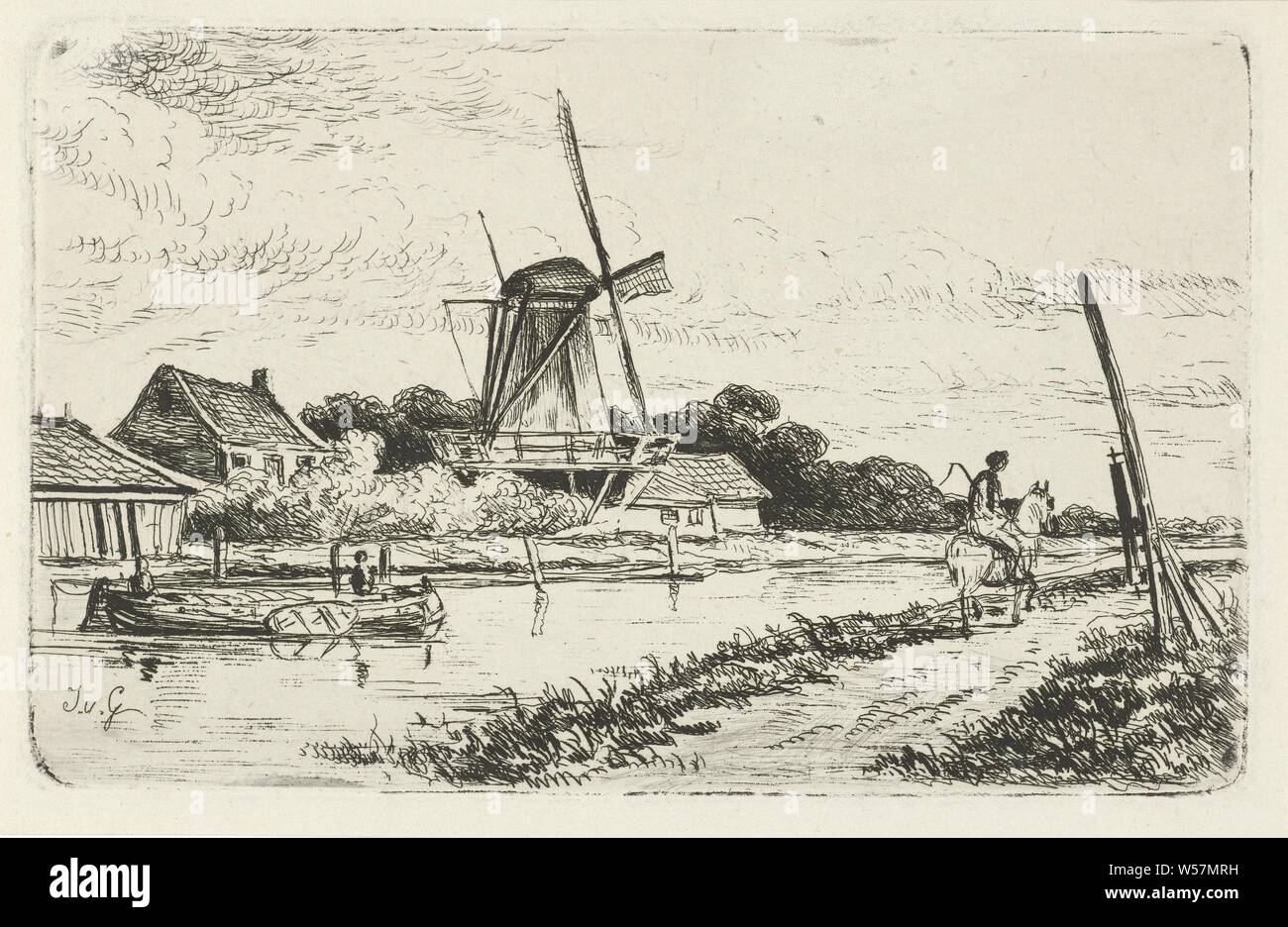 Landscape with a canal and a windmill, Landscape with a road that runs along a canal. A horseman on the road. In the background a windmill, canal (landscape with figures, staffage), windmill in landscape, Jacobus van Gorkom jr. (mentioned on object), Rotterdam, 1837 - 1880, paper, etching, w 157 mm × h 99 mm Stock Photo