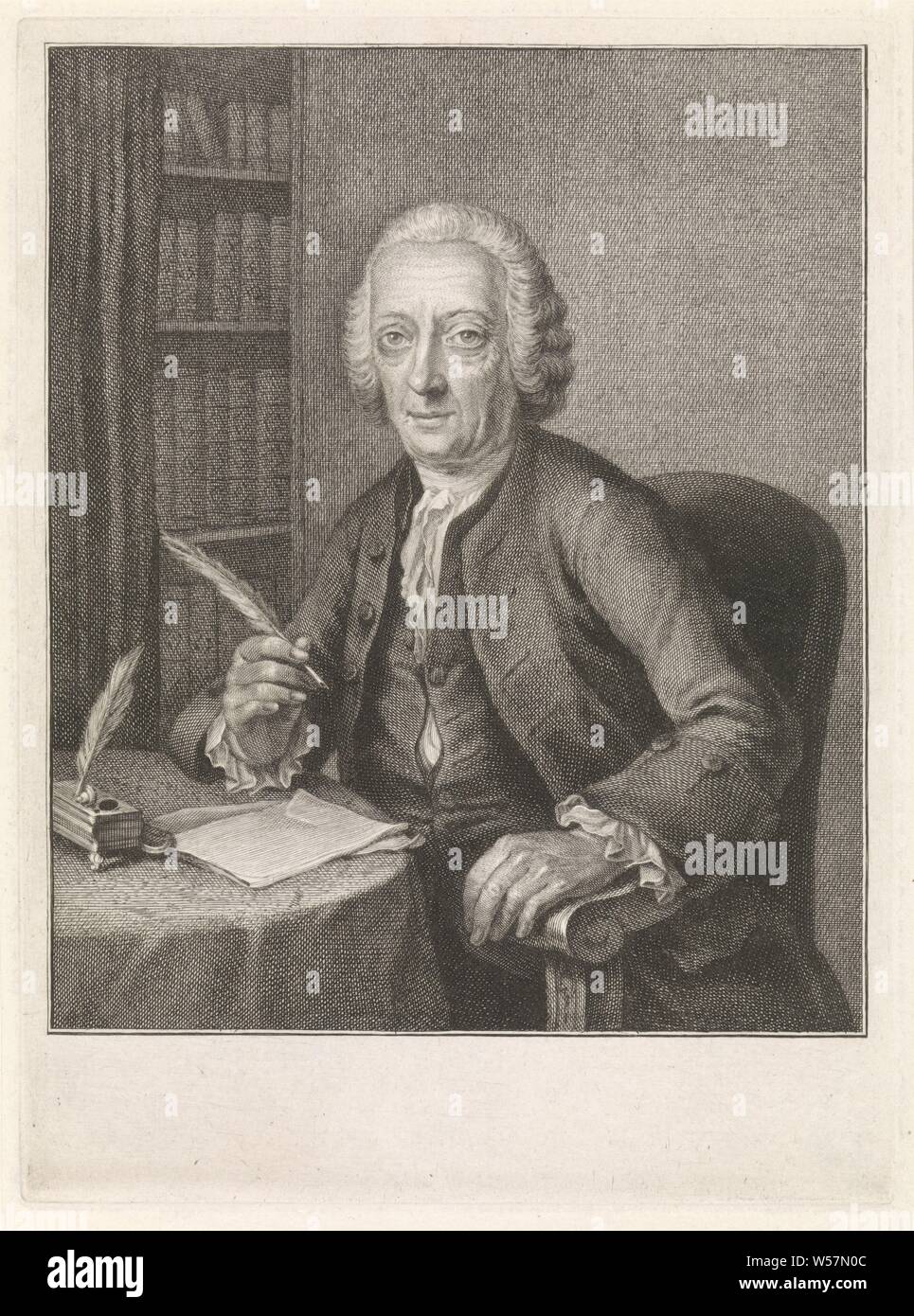 Portrait of Lucas Pater, Portrait of the poet Lucas Pater sitting in an armchair at a table with a writing spring in his hand. For him a sheet of paper and an inkwell with a writing spring in it. In the background a bookcase, quill, scholar in his study, ink-well, historical persons, Lucas Pater, Jacob Houbraken, Amsterdam, in or before 1774, paper, engraving, h 188 mm × w 139 mm Stock Photo
