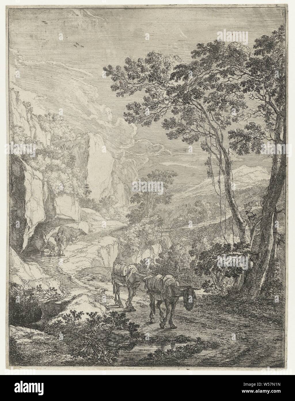 Landscape with two mules in front of the Rocca Aquatico near Ancona Italian landscapes (series title), Jan Both, Utrecht, 1644 - 1652, paper, etching, h 266 mm × w 206 mm Stock Photo