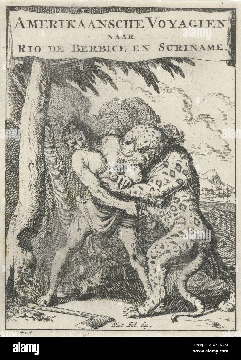 Indian kills a panther with a knife Title page for: A. van Berkel, American voyagien, involving a journey after Rio de Berbice, 1695, An Indian is attacked by a panther and kills the animal with a knife. Marked lower center mark: Siet Fol. 64, man killing animal, beasts of prey, predatory animals: panther, Caspar Luyken (mentioned on object), Amsterdam, paper, etching, h 182 mm × w 132 mm Stock Photo