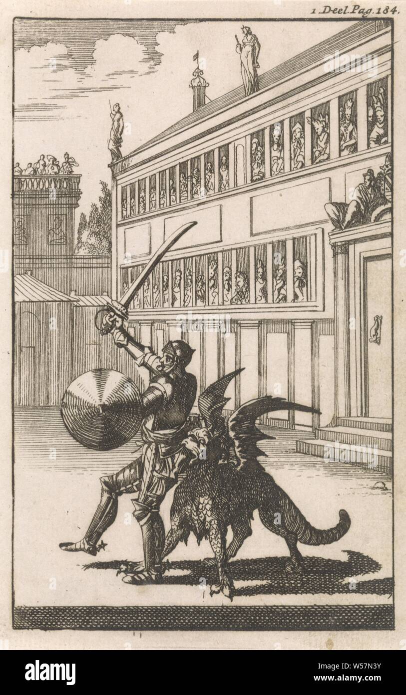 Don Clarazel attacked from behind by the monster Furiaco, Print on the top right: I Volume. P. 184, devil or demons attacking mortals, mis-shaping animals, monsters, knight, Caspar Luyken, Amsterdam, 1697, paper, etching, h 134 mm × w 85 mm Stock Photo