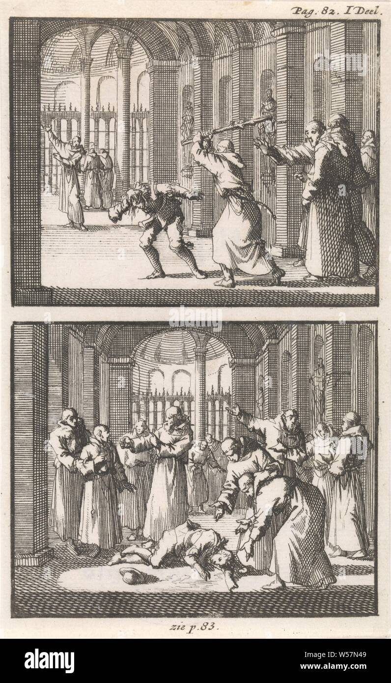 Brother Felix hits a student / Monks find the student unconscious. 82. I Part. Bottom center: see p. 83, monk (s), friar (s), corporal punishment at school: castigating, beating, etc, unconsciousness, Jan Luyken, Amsterdam, 1697, paper, etching, h 141 mm × w 87 mm Stock Photo