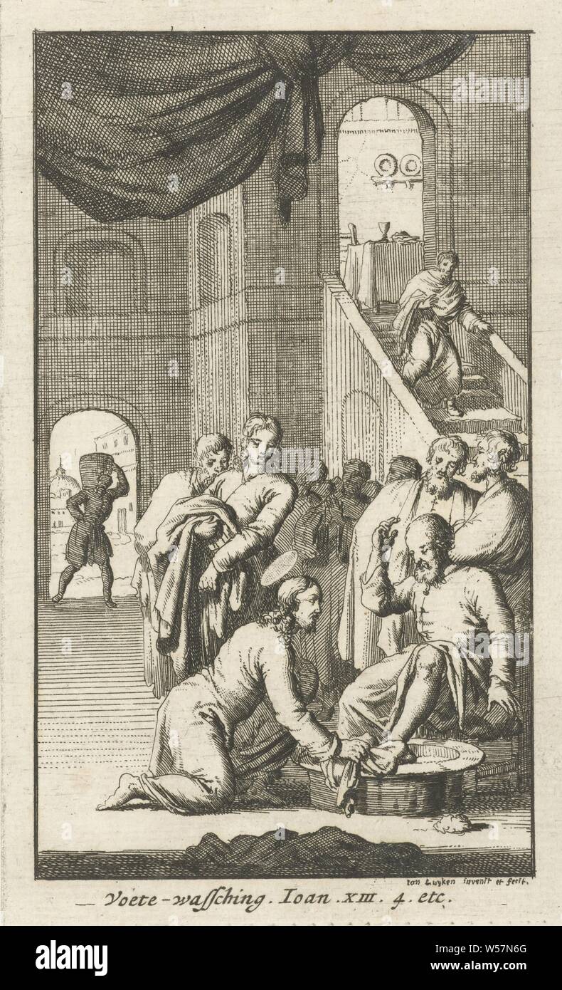 Washing of the feet of Petrus Voete washing Twenty-four scenes from the New Testament (series title), Christ washes Peter's feet, Jan Luyken (mentioned on object), Amsterdam, 1681, paper, etching, h 125 mm × w 76 mm Stock Photo