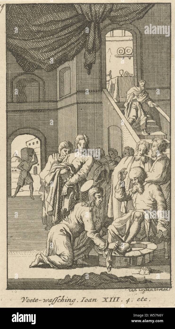 Washing of the feet of Petrus Voete-washing Twenty-four scenes from the New Testament (series title), Christ washes Peter's feet, anonymous, 1720, paper, etching, h 123 mm × w 70 mm Stock Photo