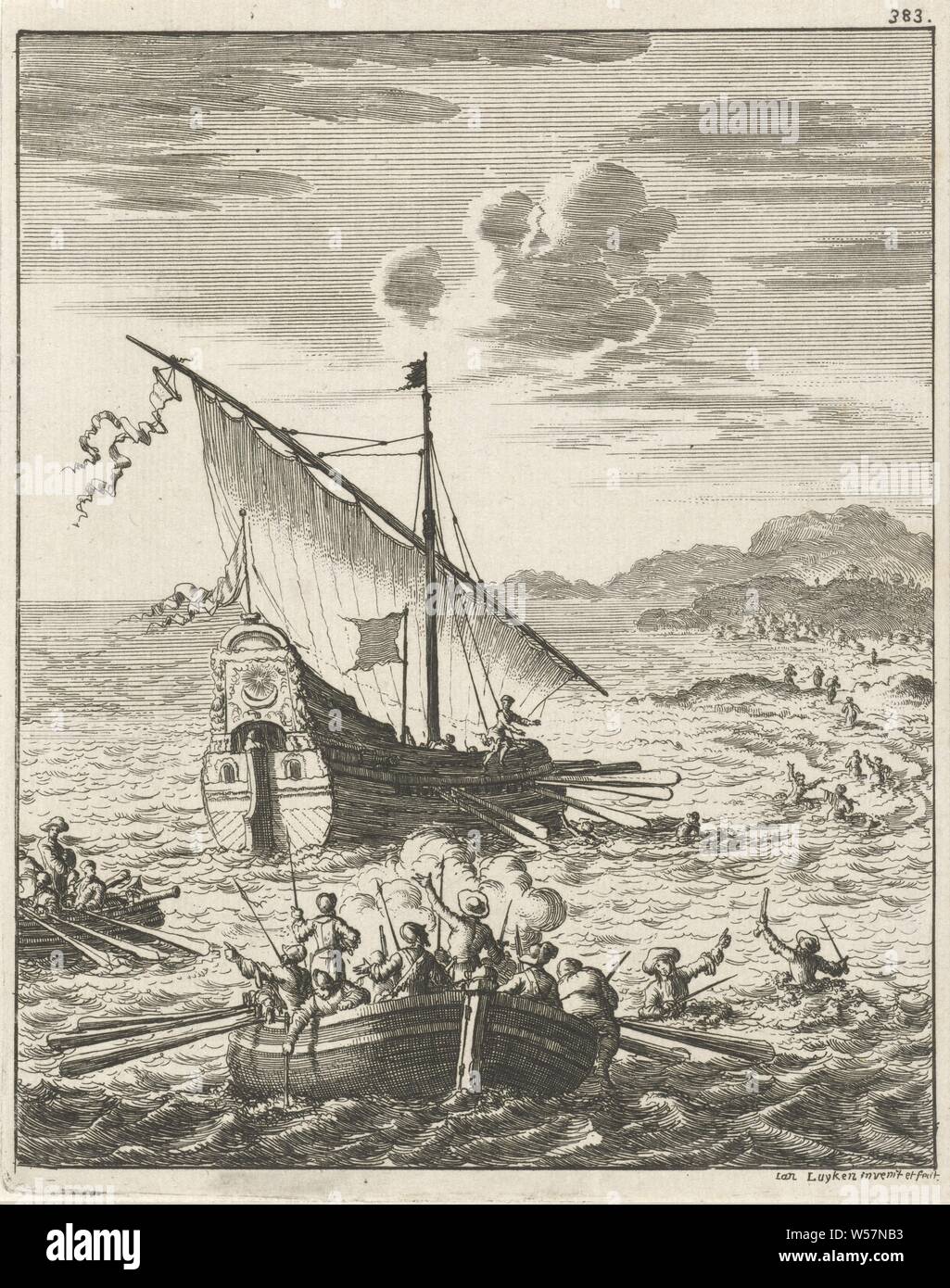 Ship of the writer Jean de Thevenot overpowered by pirates, Print numbered top right: 383, sailing ship, sailing boat, pirate, corsair, buccaneer, Jan Luyken (mentioned on object), Amsterdam, 1681, paper, etching, h 169 mm × w 134 mm Stock Photo