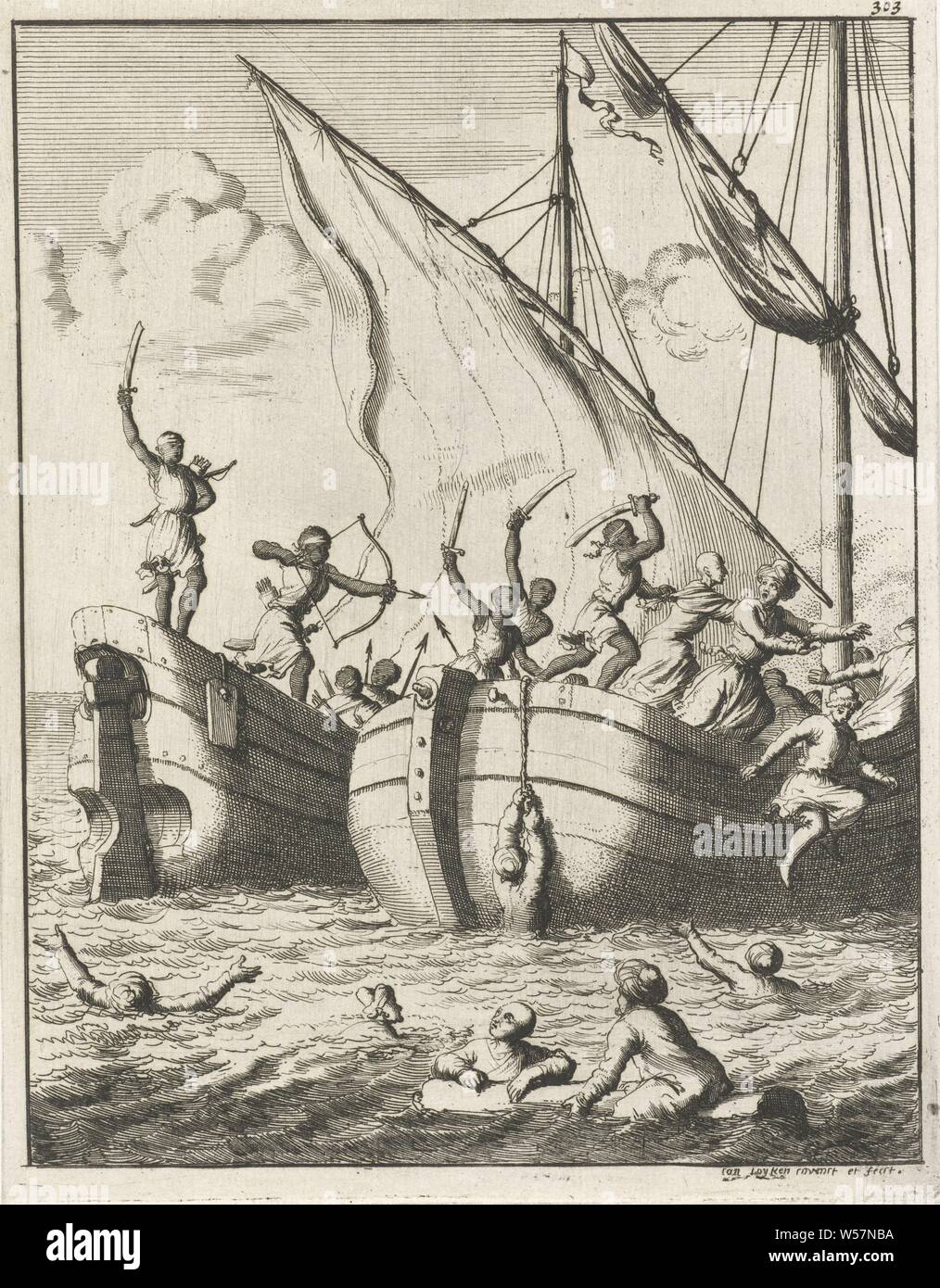 Ship conquered by pirates in Congo, Number numbered top right: 303, sailing ship, sailing boat, pirate, corsair, buccaneer, Congo, Jan Luyken (mentioned on object), Amsterdam, 1682, paper, etching, h 173 mm × w 134 mm Stock Photo