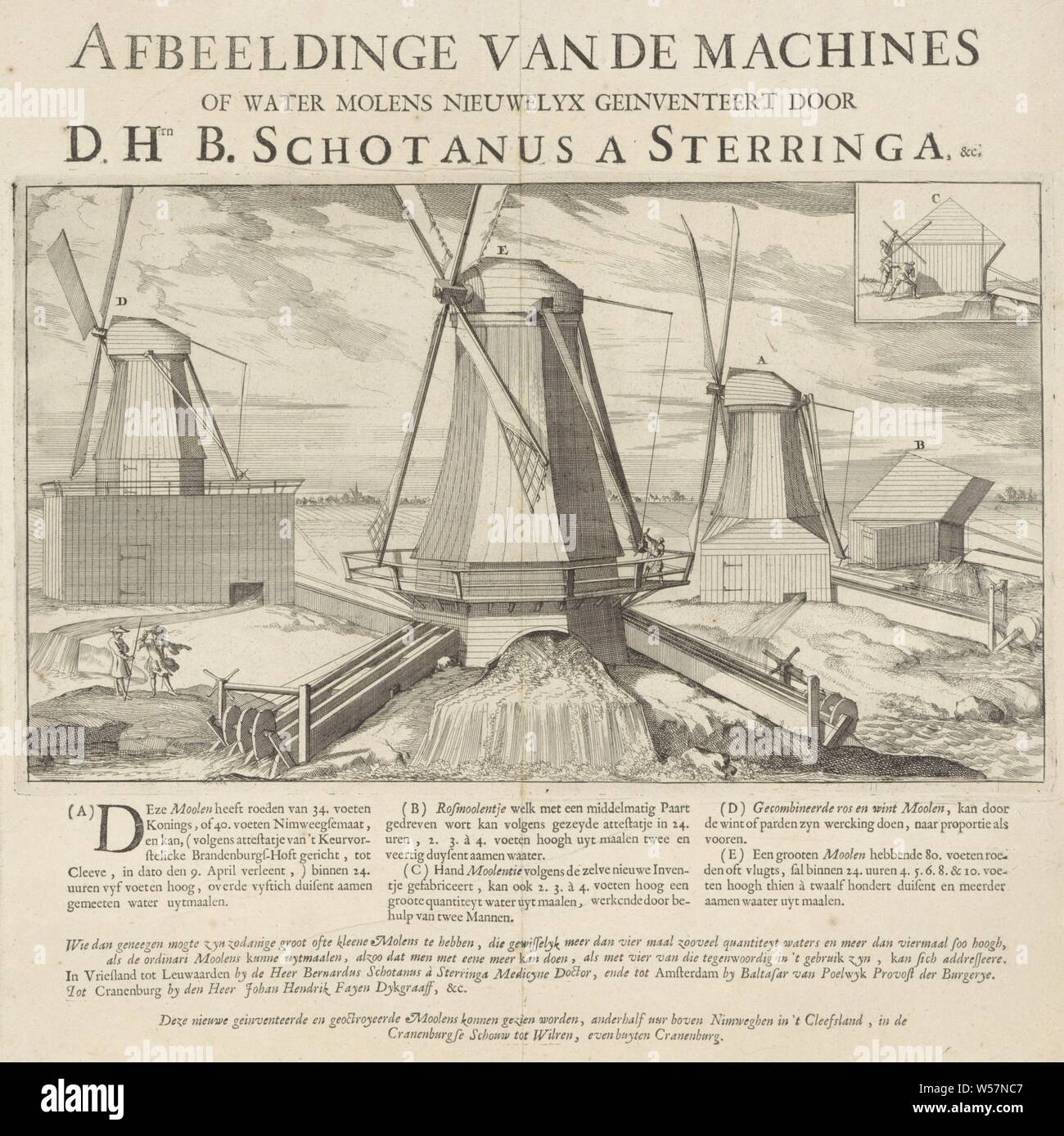 Four water mills in Kleve Image of the Machines of Water Mills nieuelyx reinvented by DHrn B. Schotanus a Sterringa (title on object), Four water mills in Kleve, indicated by the letters A, B, D and E, with two men in the foreground. In a part surrounded by border lines a fifth mill, above which C. Below the image an explanatory text, watermill, Caspar Luyken, 1695, paper, engraving, h 414 mm × w 406 mm Stock Photo